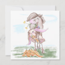 Easter card with sweet rabbit and horse