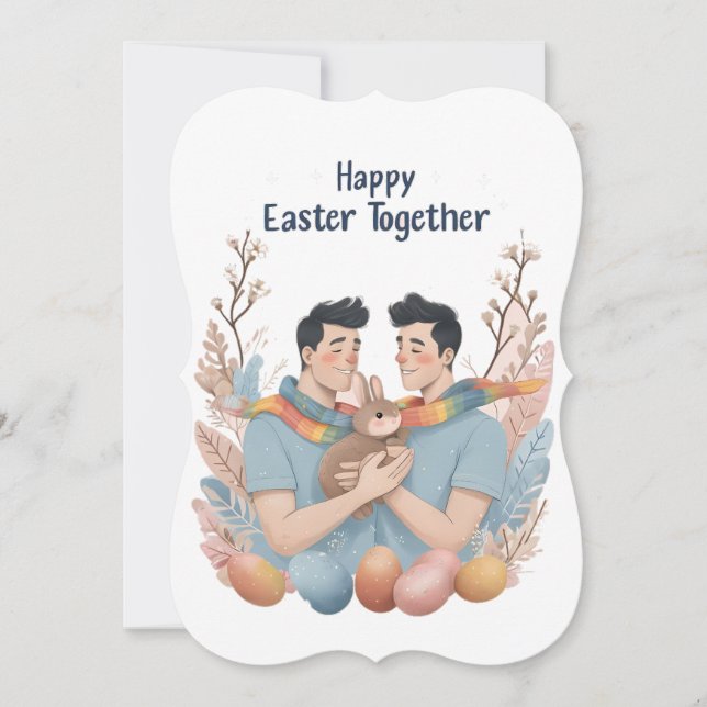 Easter Card with Two Men, Bunny & Colourful eggs (Front)