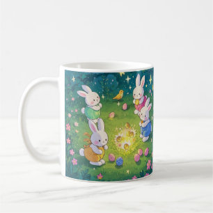 Easter cartoon bunnies hiding eggs in a garden coffee mug
