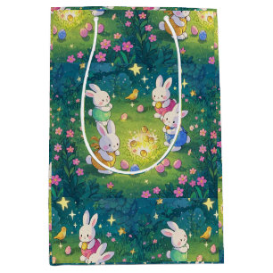 Easter cartoon bunnies hiding eggs in a garden medium gift bag