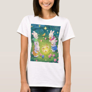 Easter cartoon bunnies hiding eggs in a garden T-Shirt