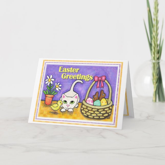 Easter Cat & Chick Greeting Card (Front)