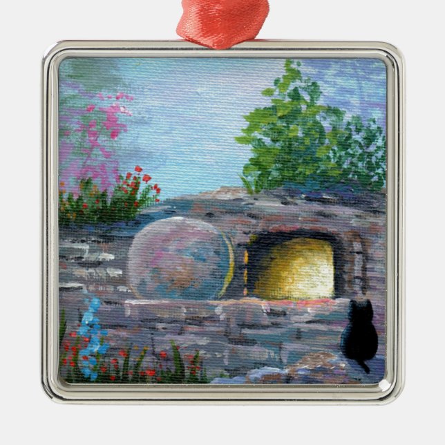 Easter Cat Christian Art Empty Tomb Metal Tree Decoration (Front)