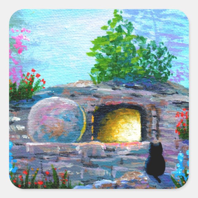 Easter Cat Christian Art Empty Tomb Square Sticker (Front)