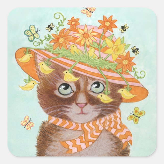 Easter Cat in Easter Bonnet with Butterflies Square Sticker (Front)