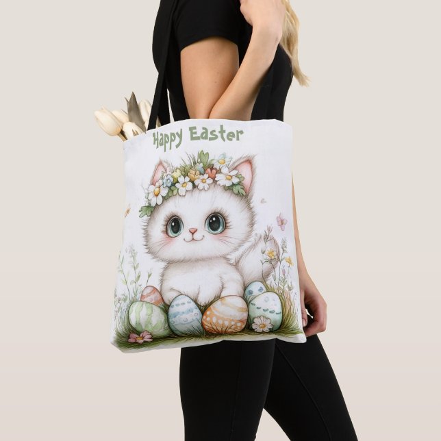 Easter Cat Tote Bag – Cute Cat with Eggs & Floral  (Close Up)