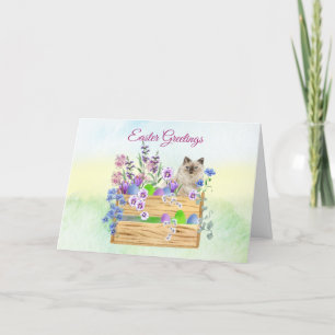 Easter Cat with Blue Flowers and Eggs Easter Card