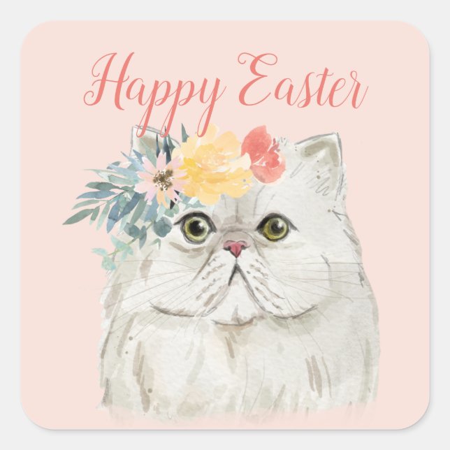Easter Cat with Spring Flowers Happy Easter Square Sticker (Front)