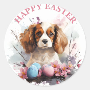 Easter Cavalier King Charles  Eggs and Flowers -   Classic Round Sticker