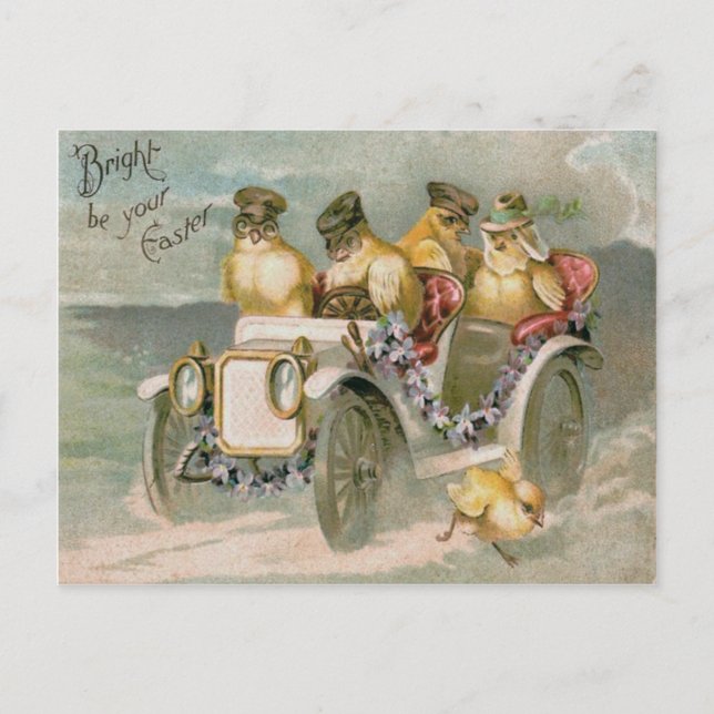 Easter Chick Antique Car Forget-Me-Not Holiday Postcard (Front)