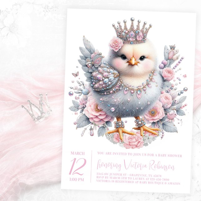 Easter Chick Baby Shower Invitation (Precious newborn chick with jewels and crown on a pink floral background. )