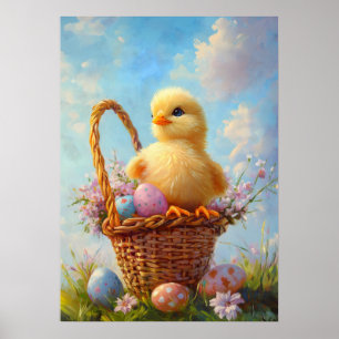 Easter Chick Basket Eggs Painting Poster