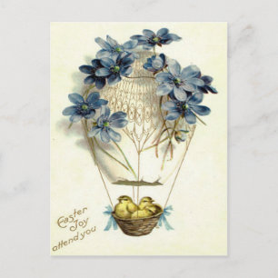 Easter Chick Hot Air Balloon Blue Flower Holiday Postcard