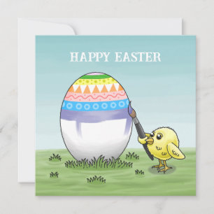 Easter chick is painting a colourful Easter Egg Holiday Card