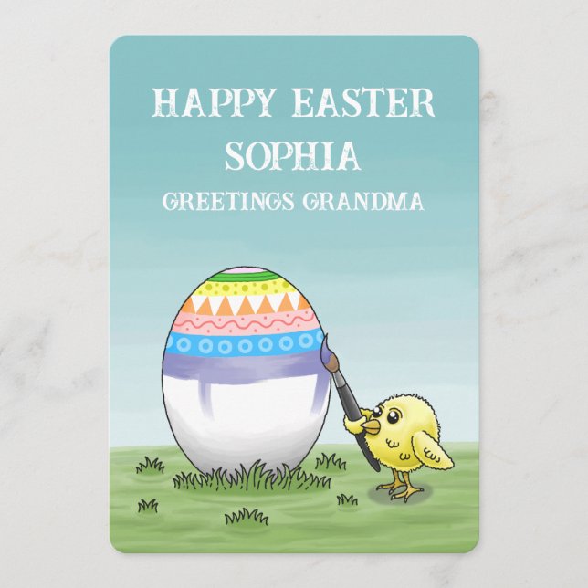 Easter chick paints a pretty Easter egg Holiday Card (Front)