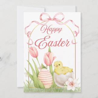 Easter Chick & Tulips Flat Holiday Card