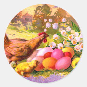 EASTER CHICK WITH COLORED EGGS ROUND STICKER