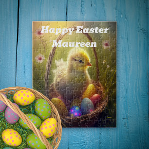 Easter Chick With Egg Basket Personalised Jigsaw Puzzle