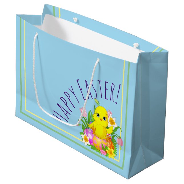 Easter Chick With Flowers Large Gift Bag (Front Angled)