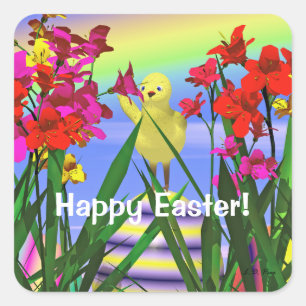 Easter Chicken and Flowers Square Sticker