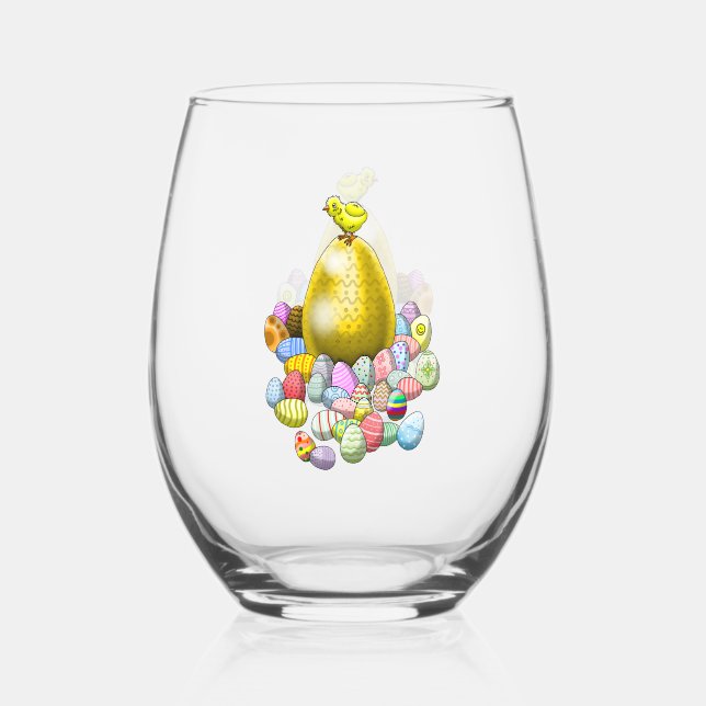 Easter Chicken & Eggs Stemless Wine Glass (Front)
