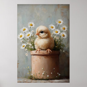 Easter Chicken Flower Pot Print, Rustic Poster