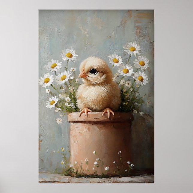 Easter Chicken Flower Pot Print, Rustic Poster (Front)