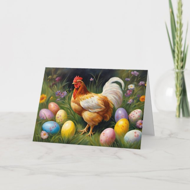 Easter Chicken in the Flower Garden & Easter Eggs  Holiday Card (Front)