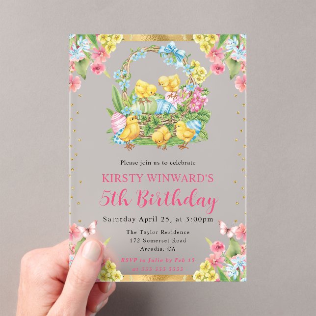 Easter Chicks and Eggs Spring 5th Birthday Acrylic Invitations (Insitu (Handheld))