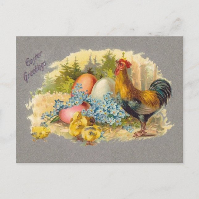 Easter - Chicks, Eggs & Rooster - Antique Postcard (Front)