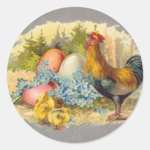 Easter - Chicks, Eggs & Rooster - Antique Postcard Classic Round Sticker