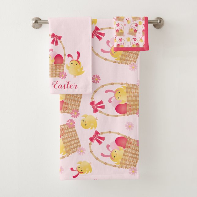 Easter Chicks Pattern Pink Bath Towel Set (Insitu)