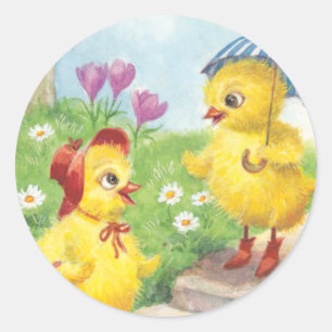 Easter chicks, vintage classic round sticker