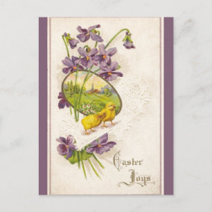 Easter - Chicks Violets & Village Antique Postcard