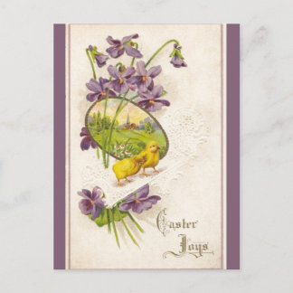 Easter - Chicks Violets & Village Antique Postcard