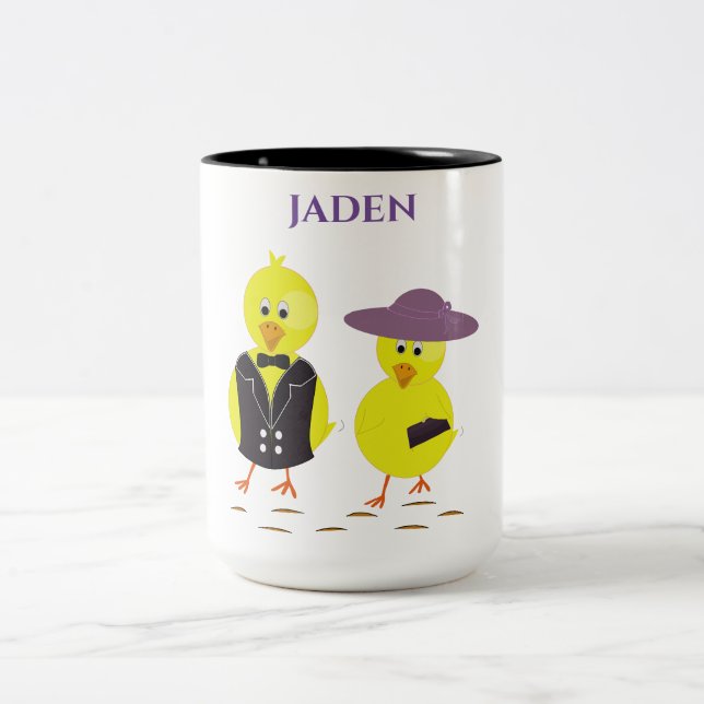 Easter chicks with personalised name. Two-Tone coffee mug (Center)