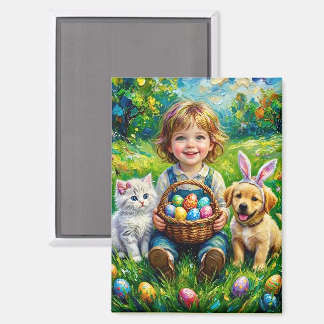 ~ EASTER Child Puppy Kitten Eggs ~  Magnet (Front/Back)