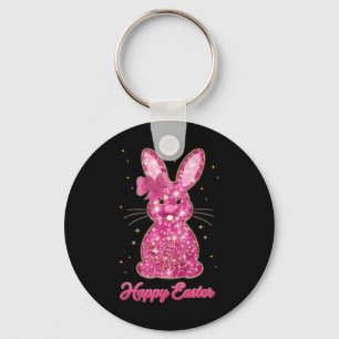 Easter Chinoiserie Floral Bunny With Cute Blue Bow Key Ring