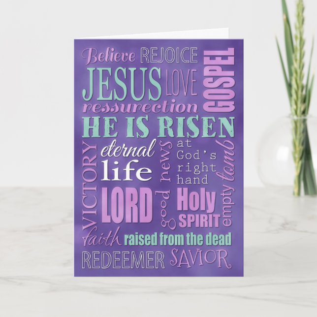 Easter Christian Word Collage, Purple and Blue Holiday Card (Front)