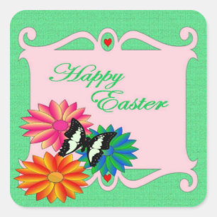 Easter Colourful Flowers and Butterfly Square Sticker