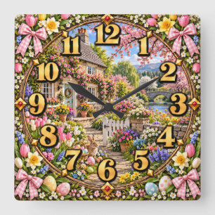 Easter Cottage Garden Bunny Square Wall Clock