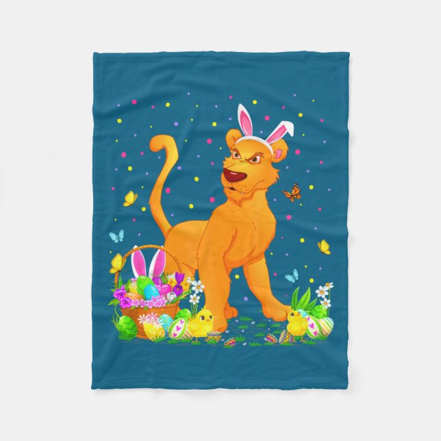 Easter Cougar Bunny Egg Hunting Illustration Fleece Blanket (Front)
