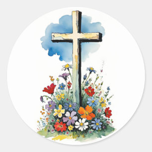 Easter Cross art, AI generated, Classic Round Sticker