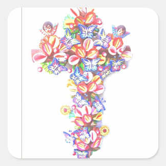 Easter Cross Butterflies Cherubs Mexican Tradition Square Sticker