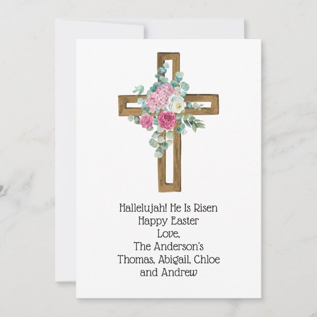 Easter Cross Pink Floral Religious Christian Holiday Card (Front)