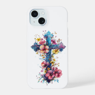 Easter Cross Watercolor: Spring Floral Art iPhone 15 Case