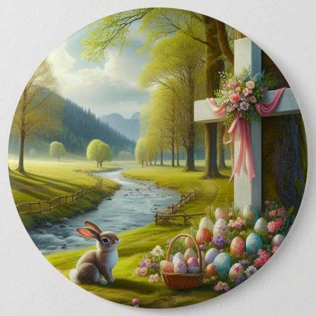 Easter cross with bunny & eggs 6 cm round badge (Front)
