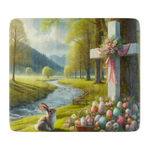 Easter cross with bunny & eggs cutting board