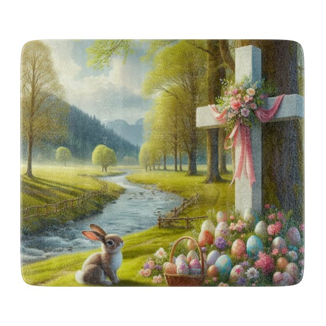 Easter cross with bunny & eggs cutting board (Front)