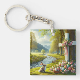 Easter cross with bunny & eggs key ring
